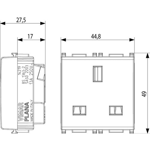 Vimar Plana 2P+E English Socket Outlet, 13A, 250V, IP20, Flush Mount, 2-Module