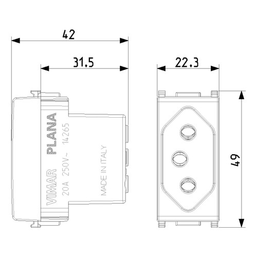 Vimar Plana 2P+E Brazilian SICURY Socket Outlet, 20A, 250V, IP20, Flush Mount, Halogen-Free Thermoplastic