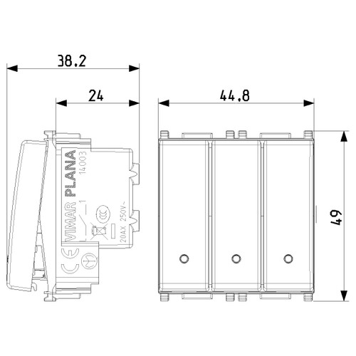 Vimar Plana Three 1P 20AX 1-Way Switches, 250V, 2-Module, Lightable, IP40 ([vimar.com][1])  [1]: https://www.vimar.com/en/int/catalog/product/index/code/14003 "Three 1P 20AX 1-way switches white - 14003 - Vimar"