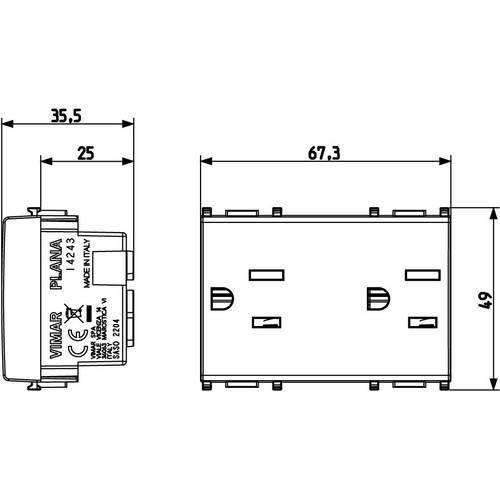 Vimar Plana 2P+E Duplex SICURY Socket Outlet, American and Saudi Arabian Standards, 15A, 127V, IP20, Flush Mount