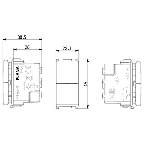 Vimar Plana Two Independent 1P NO+NO Push Buttons, 10A, 250V, IP40, Flush Mount