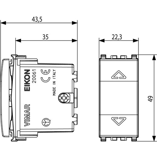 Vimar EIKON 2P 10A 2-Way Push Button, 250V, 6-Terminal, IP40, Central OFF Position