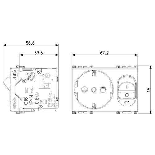 Vimar ARKÉ 2P+E P30 SICURY Outlet with C16 Circuit Breaker, 16A, 230V, 3000 A, Flush Mount, IP20