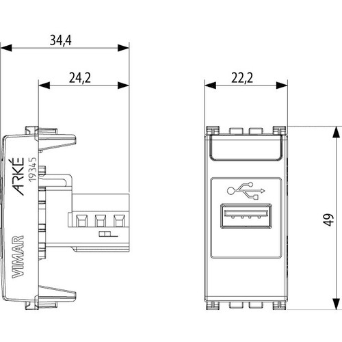 Vimar ARKÉ USB Outlet, 1 Module, IP20, Flush Mount, Screw Terminals