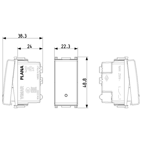 Vimar Plana 1P 16AX 1-Way Switch, 250V, IP40, Flush Mount