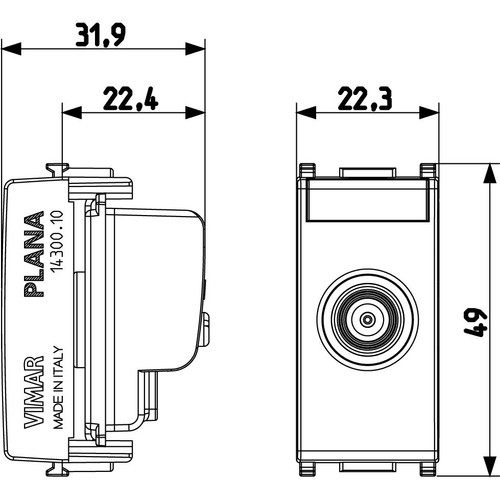 Vimar Plana TV-RD-SAT Coaxial Socket Outlet, 5-2400 MHz, Male Connector, Snap Mounting
