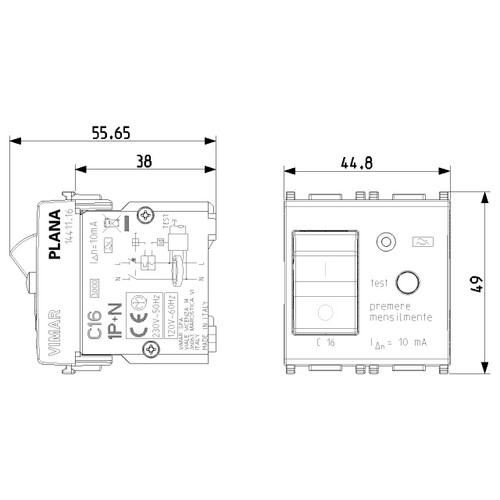 Vimar Plana 1P+N RCBO Breaker, 120-230V, IP40, Built-In, 2 Modules - Apollo Lighting