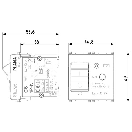 Vimar Plana 1P+N RCBO Breaker, 120-230V, IP40, Built-In, 2 Modules - Apollo Lighting