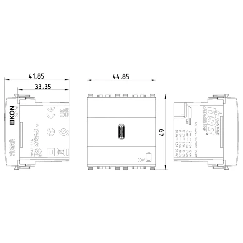Vimar EIKON 2-Module USB-C Supply Unit, 120-240V, USB Power Delivery, Flush-Mounted, 1 USB-C Port