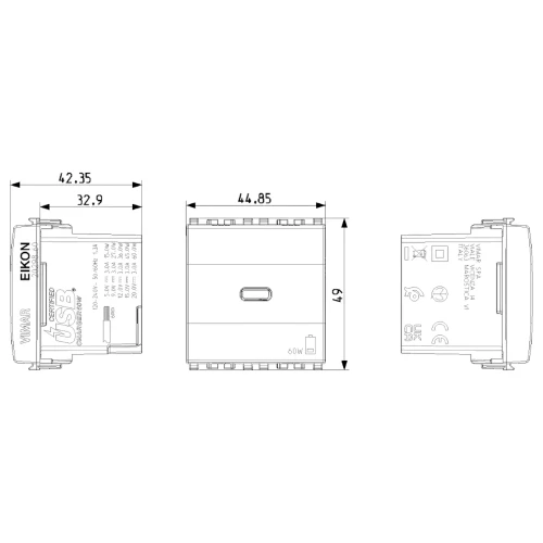 Vimar EIKON 2-Module USB-C Supply Unit, 120-240V, USB Power Delivery, Flush-Mounted, 1 USB-C Port