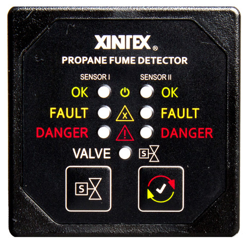 Fireboy-Xintex Propane Fume Detector & Alarm w/2 Plastic Sensors & Solenoid Valve - Square Black Bezel Display P-2BS-R