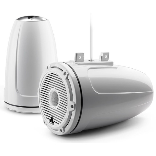 JL Audio M6-770ETXv3 7.7in Enclosed Tower Marine Coaxial Speakers, 100W RMS, 4 Ohm, Pair, Gloss White Enclosure, Gloss White Classic Grille, Black Tweeter Mesh, Mounting Clamps Sold Separately - Apollo Lighting