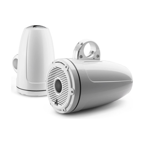 JL Audio M6-880ETXv3 Enclosed Tower Coaxial Speaker System, 8.8in, 125W RMS Each, 4 Ohm, Gloss White Enclosure, Gloss White Classic Grille, Black Tweeter Mesh, 2pk - Apollo Lighting