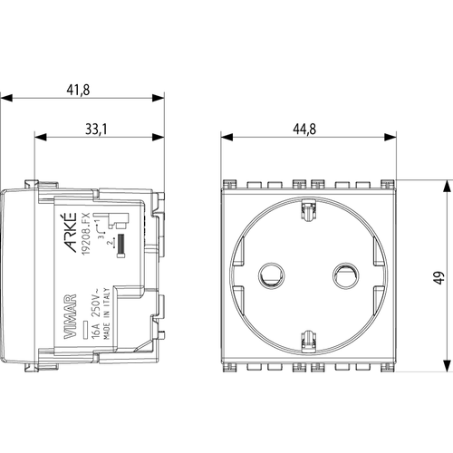 Vimar Arké 19208 SICURY SCHUKO Socket Outlet, 16A 250V, 2-Module, IP20