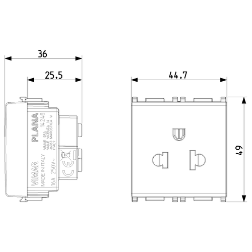 Vimar PLANA USA/EU SICURY Socket Outlet, 16A 250V, 2P+E, 2-Module