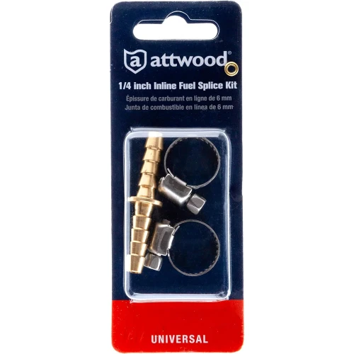 Attwood Marine Fuel Line Splice Kit, For 1/4 in ID Fuel Line, In-Line, Brass Mender, 2 Stainless Steel Clamps