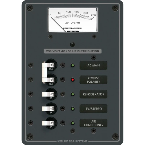 Blue Sea Systems AC Main + Branch A-Series Toggle Circuit Breaker Panel, 230V AC, 3 Position, AC Voltmeter
