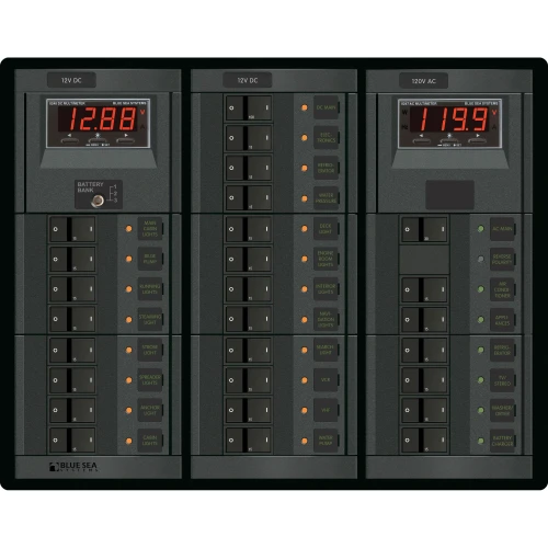 Blue Sea Systems 360 Panel Combination Circuit Breaker Panel, 120V AC/12V DC, 6 AC + 19 DC Positions, AC & DC Digital Meters