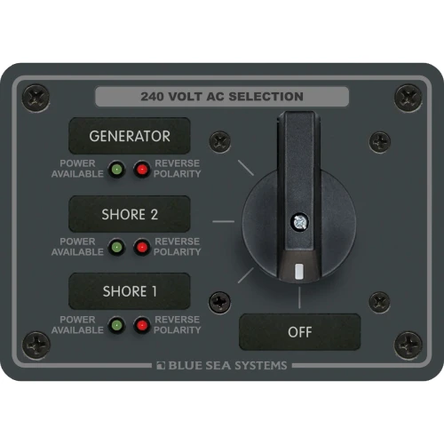 Blue Sea Systems Traditional Metal AC Rotary Switch Panel, Source Selector, Reverse Polarity and Power LEDs