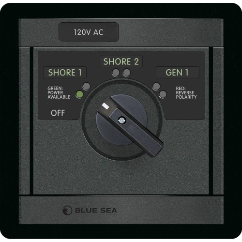 Blue Sea Systems 360 Panel AC Rotary Source Selector Module, Single Output, Red Reverse Polarity LEDs, Green Power Available LEDs - Apollo Lighting