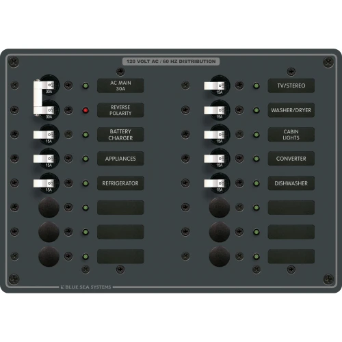 Blue Sea Systems Traditional Metal AC Main Circuit Breaker Panel, 120V AC, White Toggle Breakers, Non-Metered