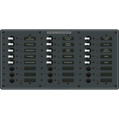Blue Sea Systems Traditional Metal AC Branch Circuit Breaker Panel, 100A, Pre-Wired, Backlit Labels, ON Indicator LEDs