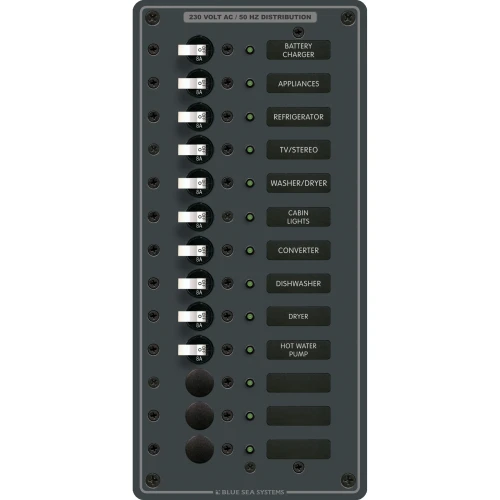 Blue Sea Systems Traditional Metal AC Branch Circuit Breaker Panel, 100A, Pre-Wired, Backlit Labels, ON Indicator LEDs