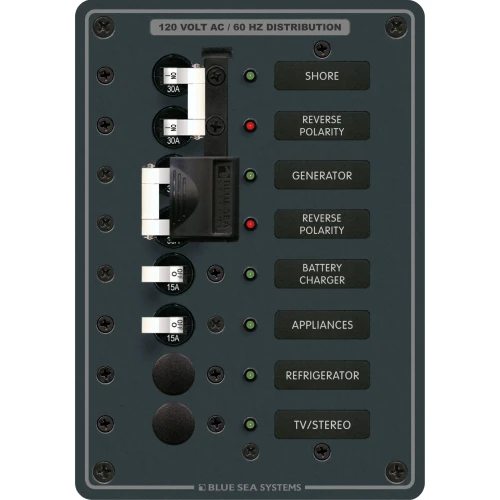 Blue Sea Systems Traditional Metal AC Main Source Selector Panel, Lockout Slide, Reverse Polarity LED