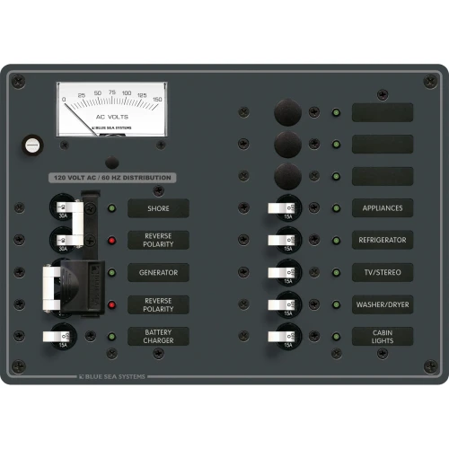 Blue Sea Systems Traditional Metal AC Main Source Selector Panel, Lockout Slide, Reverse Polarity LED