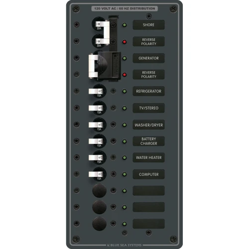 Blue Sea Systems Traditional Metal AC Main Source Selector Panel, Lockout Slide, Reverse Polarity LED
