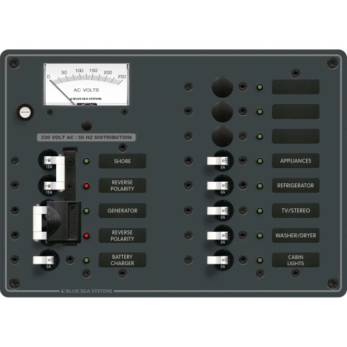 Blue Sea Systems Traditional Metal AC Main Source Selector Panel, Lockout Slide, Reverse Polarity LED
