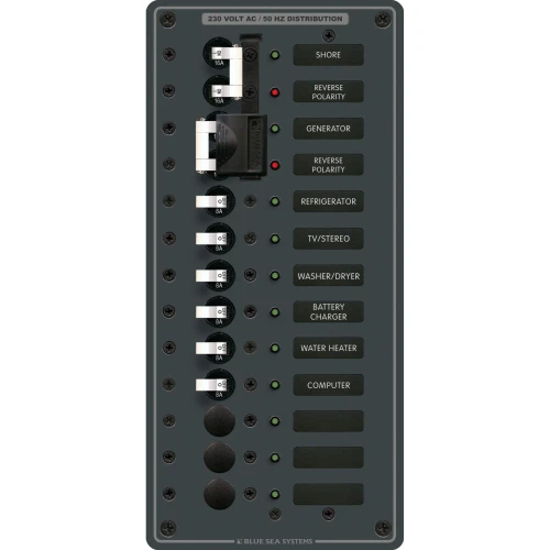 Blue Sea Systems Traditional Metal AC Main Source Selector Panel, Lockout Slide, Reverse Polarity LED