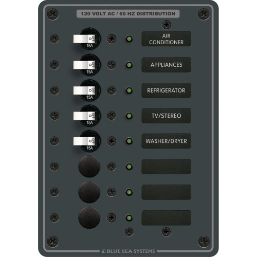 Blue Sea Systems Traditional Metal AC Branch Circuit Breaker Panel, 100A Max, Backlit Labels - Apollo Lighting