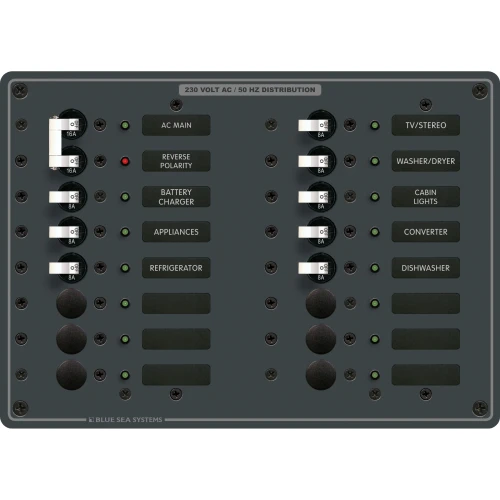 Blue Sea Systems Traditional Metal AC Main + Branch Circuit Breaker Panel, 230V AC, European, No Meter