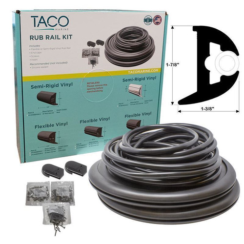 TACO Marine Flexible Vinyl Rub Rail Kit, 1-7/8 in x 1-3/8 in, Black Rail, Black Insert