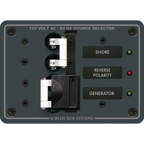 Blue Sea Systems AC Toggle Source Selector Panel, 2 Sources, 120V AC, Lockout Slide - Apollo Lighting