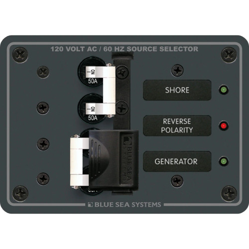 Blue Sea Systems AC Toggle Source Selector Panel, 2 Sources, 120V AC, Lockout Slide - Apollo Lighting