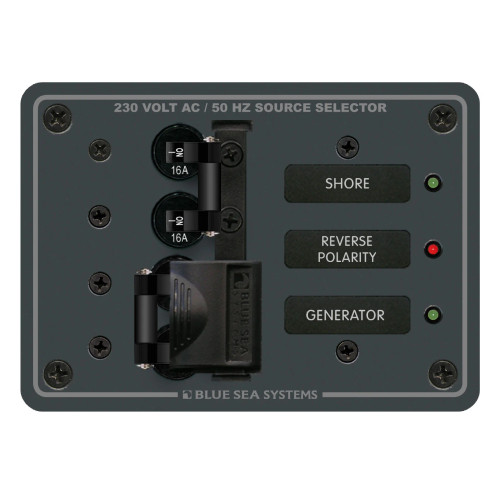 Blue Sea Systems AC Toggle Source Selector Panel, European, 230V AC, 2 Sources - Apollo Lighting