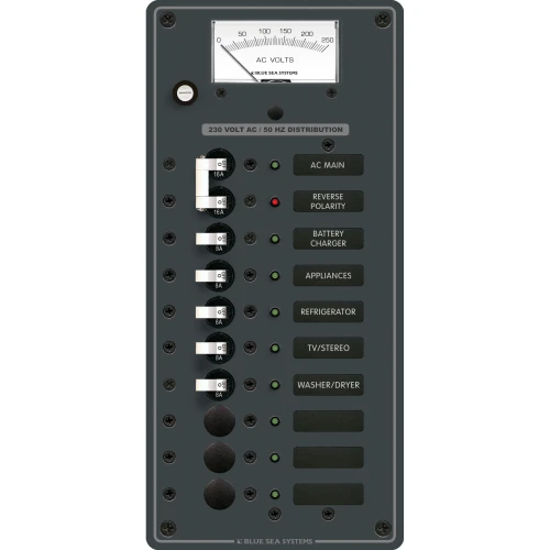 Blue Sea Systems Traditional Metal AC Main Distribution Panel, Analog AC Voltmeter, Reverse Polarity LED