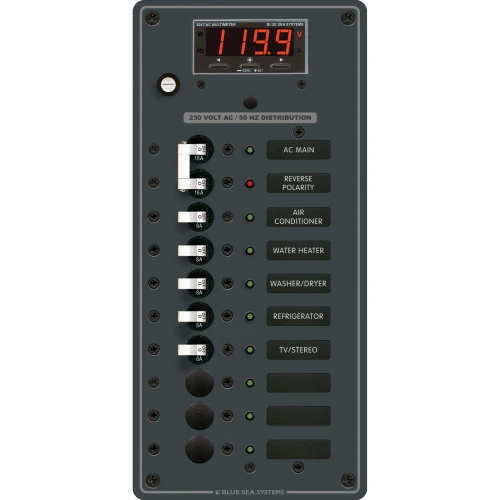 Blue Sea Systems Traditional Metal AC Main + Branch Circuit Breaker Panel, 230V AC, Digital Multi-Function Meter