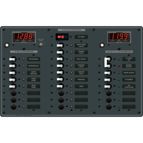 Blue Sea Systems Traditional Metal AC/DC Circuit Breaker Panel, AC Main + 6 Positions, DC Main + 18 Positions, Digital Multi-Function Meters