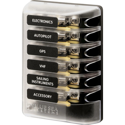 Blue Sea Systems ST Glass 6 Circuit Fuse Block, 32V DC, 100A, AGC/MDL Fuses - Apollo Lighting