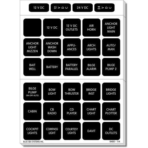 Blue Sea Systems Waterproof DC Label Kit, For WeatherDeck Waterproof Panels, Black Square Labels