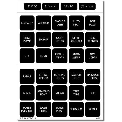 Blue Sea Systems Waterproof DC Label Kit, For WeatherDeck Waterproof Panels, Black Square Labels