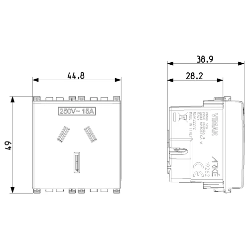 Vimar ARKÉ Series Australian SICURY Socket Outlet, 2P+E, 15A 250V, 2 Modules - Apollo Lighting