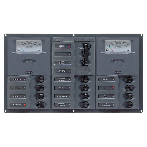 BEP AC Circuit Breaker Panel w/ Analog Meters, 12SP 2DP AC230V Stainless Steel Horizontal 900-AC3-AM