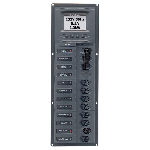 BEP AC Circuit Breaker Panel w/Digital Meters, 8SP 2DP AC230V ACSM Stainless Steel Vertical 900-AC2V-ACSM