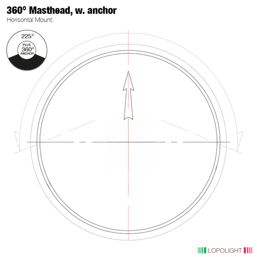 Lopolight Series 300-136 Masthead & Navigation Combo Light, For Vessels over 50m, 6 NM 225 deg Masthead, 3 NM 360 deg White Light, 20-32VDC, IP68, Horizontal Mount, Plug Connector, Silver Anodized Aluminum