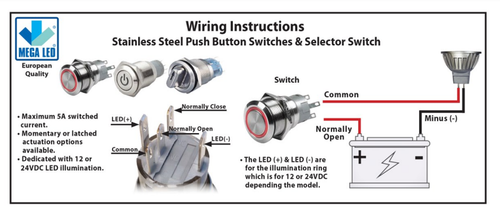 Mega LED - 19MM Push Button - IP67, 5A, Stainless Steel