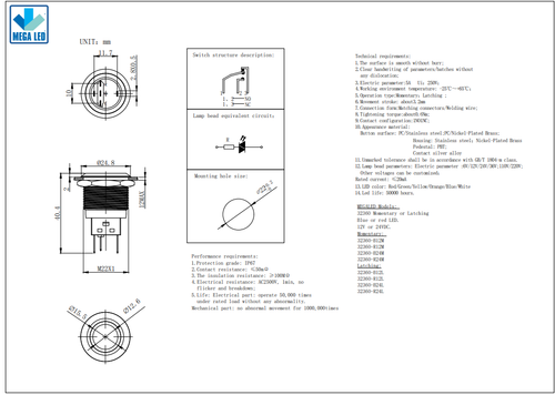 Mega LED - 22MM Push Button - Waterproof IP67, Stainless Steel, Illuminated